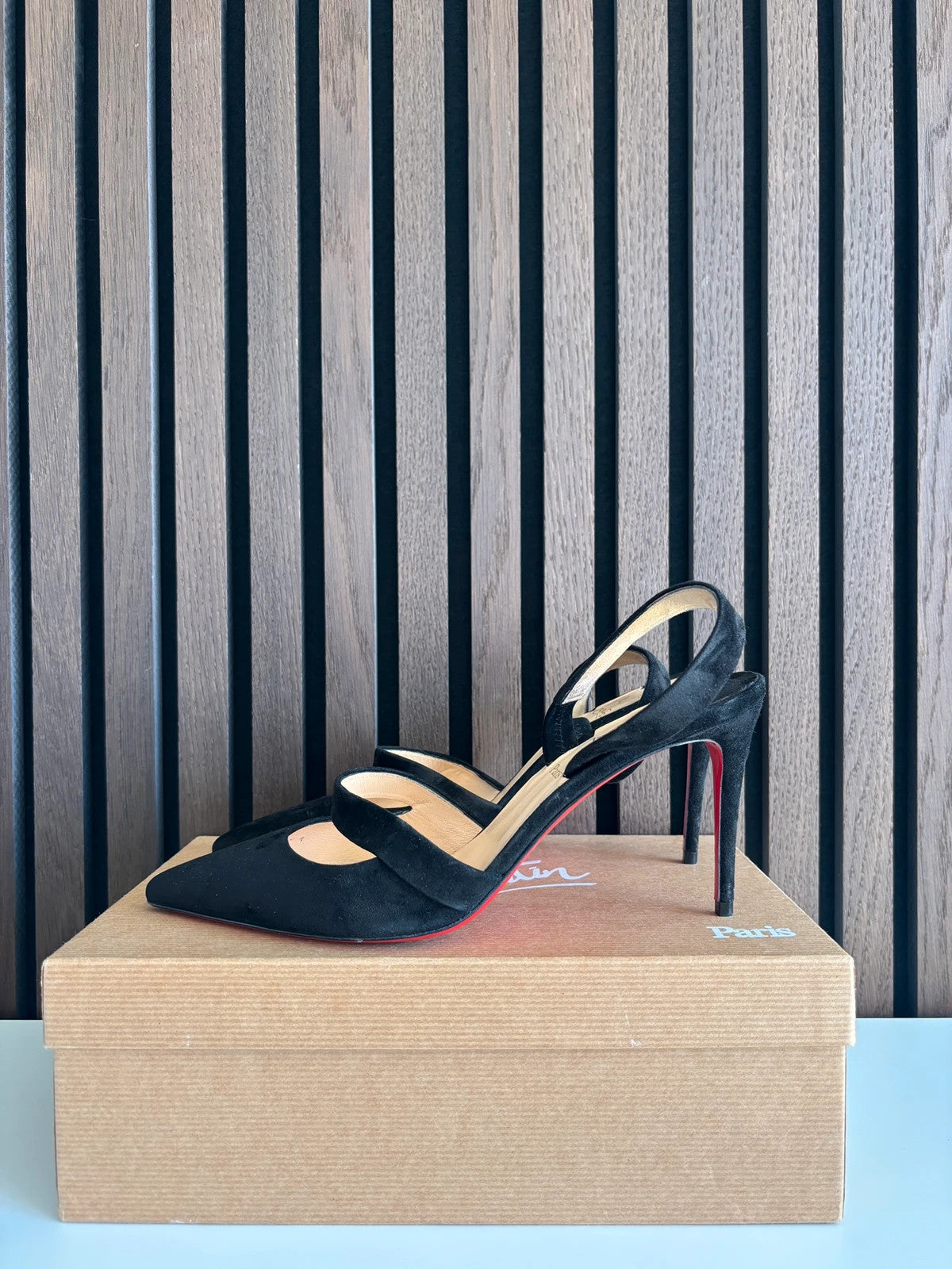 Christian Louboutin Actina Black (image 5) Christian Louboutin Actina 85 Black Suede Heels - heel and construction