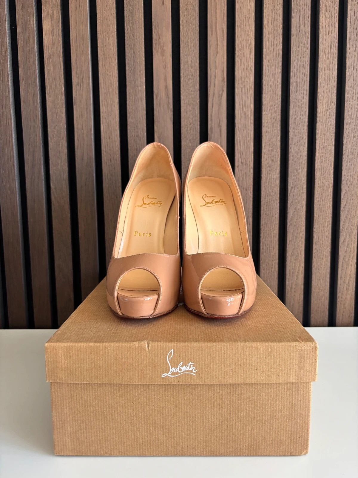 Christian Louboutin Very Prive Nude (image 4) Christian Louboutin Very Prive 120 Nude Patent Leather Heels - red sole detail