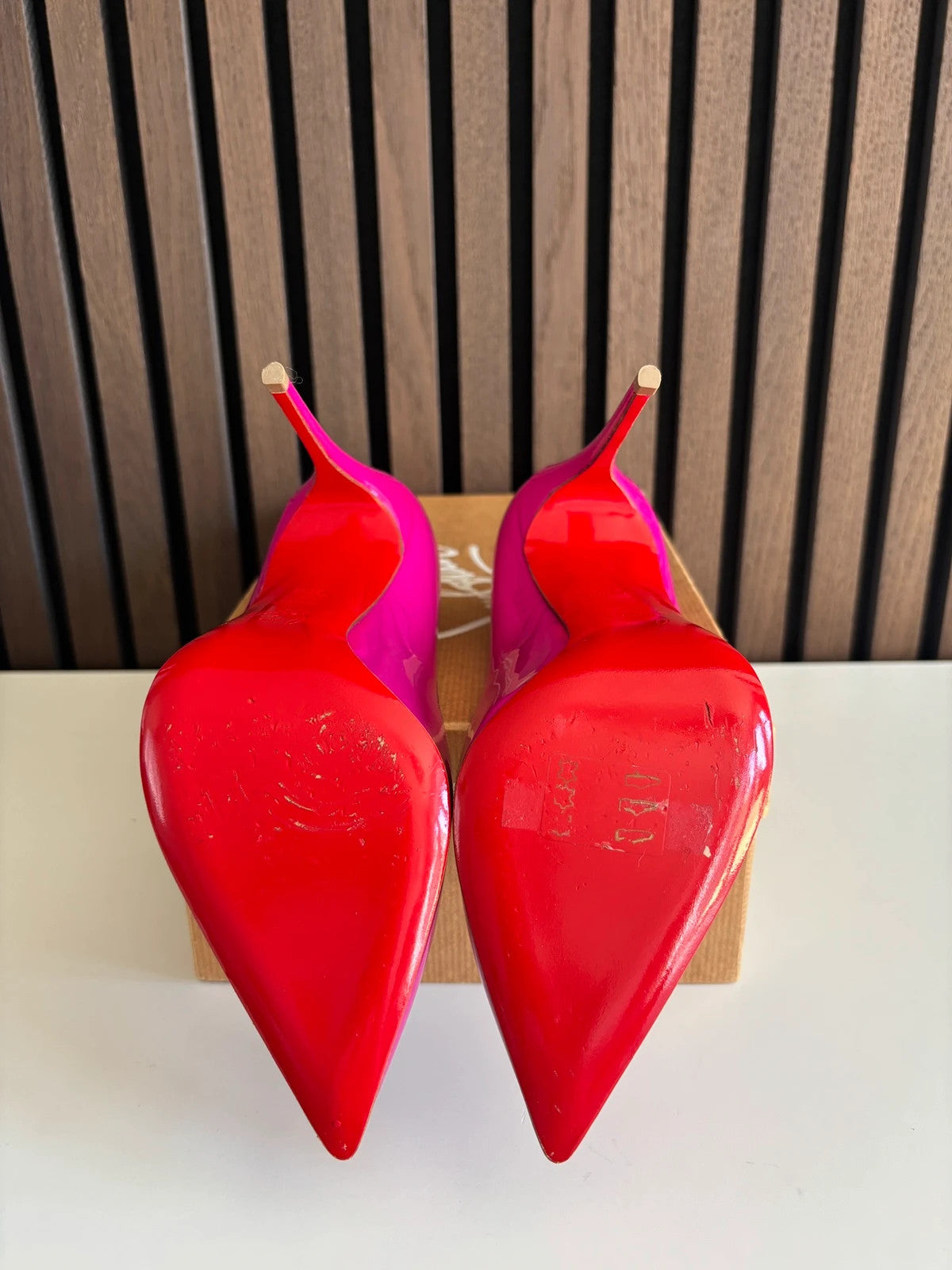Christian Louboutin Pigalle Follies Nude (image 4) Christian Louboutin Pigalle Follies 100 Indian Rose Patent Leather Heels - red sole detail