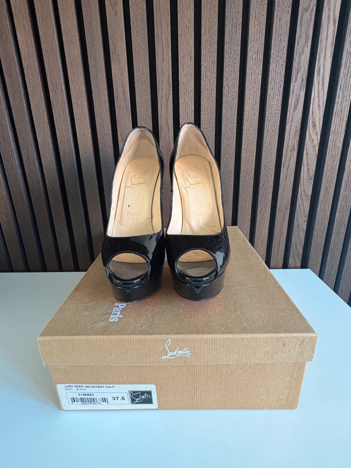 Christian Louboutin Lady Peep Black (image 4) Christian Louboutin Lady Peep 150 Black Patent Leather Platform Heels - red sole detail