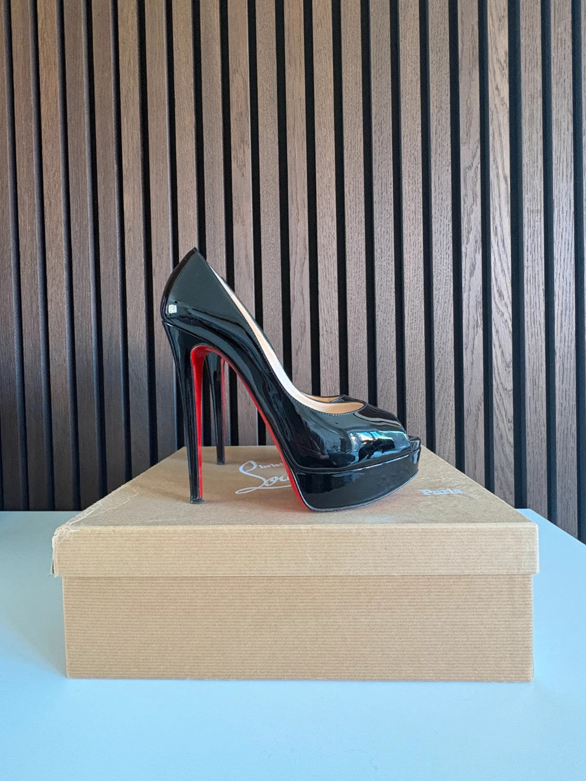 Christian Louboutin Lady Peep Black Christian Louboutin Lady Peep 150 Black Patent Leather Platform Heels - main product view
