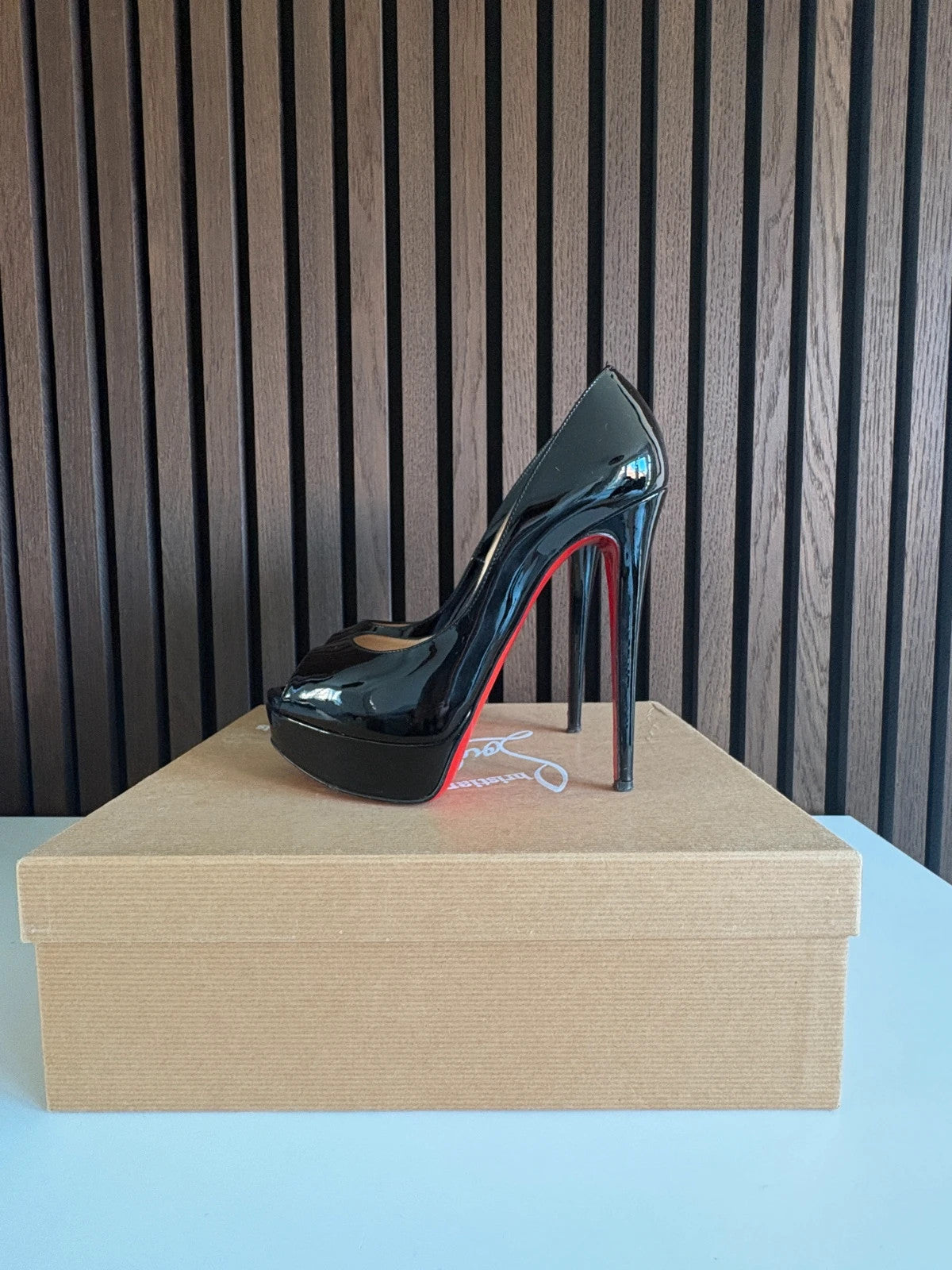 Christian Louboutin Lady Peep Black (image 3) Christian Louboutin Lady Peep 150 Black Patent Leather Platform Heels - detail view