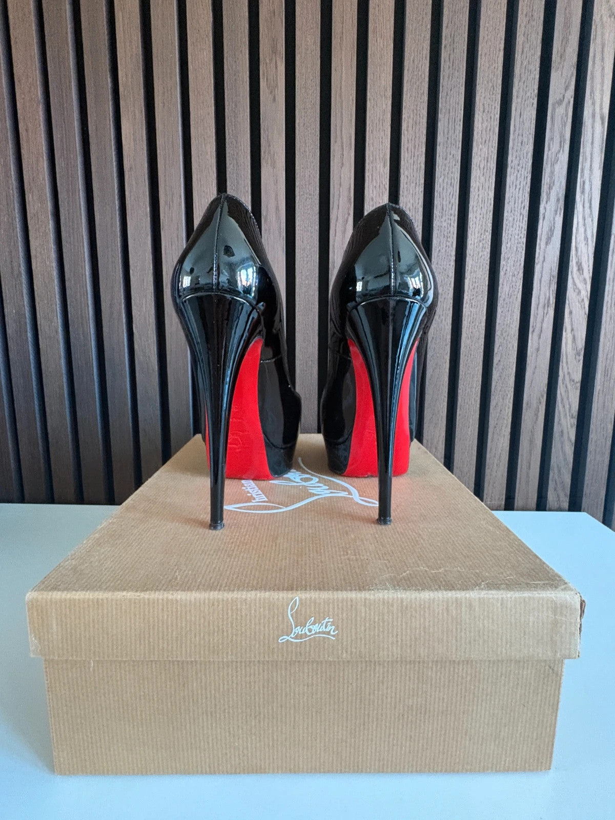 Christian Louboutin Lady Peep Black (image 2) Christian Louboutin Lady Peep 150 Black Patent Leather Platform Heels - alternate angle