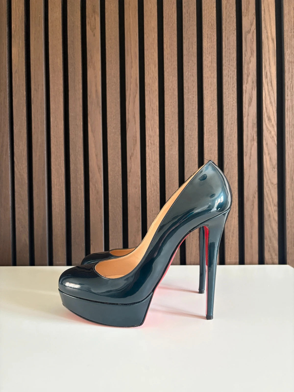 Christian Louboutin Bianca Navy Christian Louboutin Bianca 140 Navy Blue Patent Leather Platform Heels - main product view