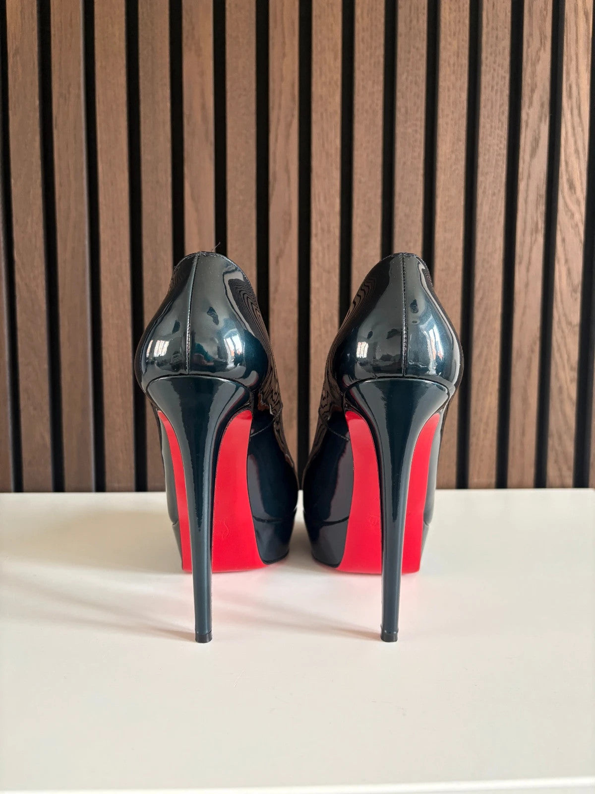 Christian Louboutin Bianca Navy (image 5) Christian Louboutin Bianca 140 Navy Blue Patent Leather Platform Heels - heel and construction