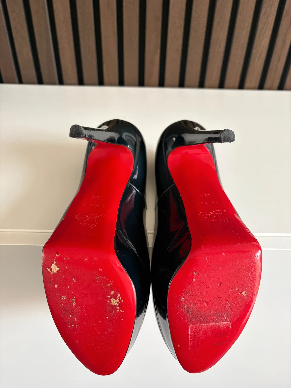 Christian Louboutin Bianca Navy (image 2) Christian Louboutin Bianca 140 Navy Blue Patent Leather Platform Heels - alternate angle