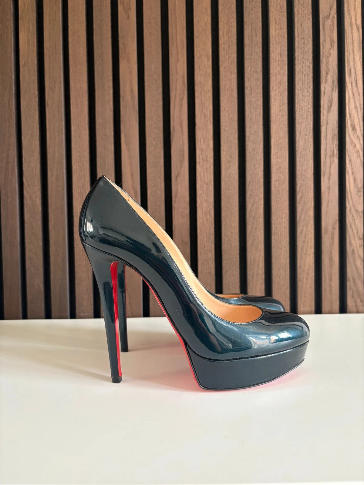 Christian Louboutin Bianca Navy (image 4) Christian Louboutin Bianca 140 Navy Blue Patent Leather Platform Heels - red sole detail
