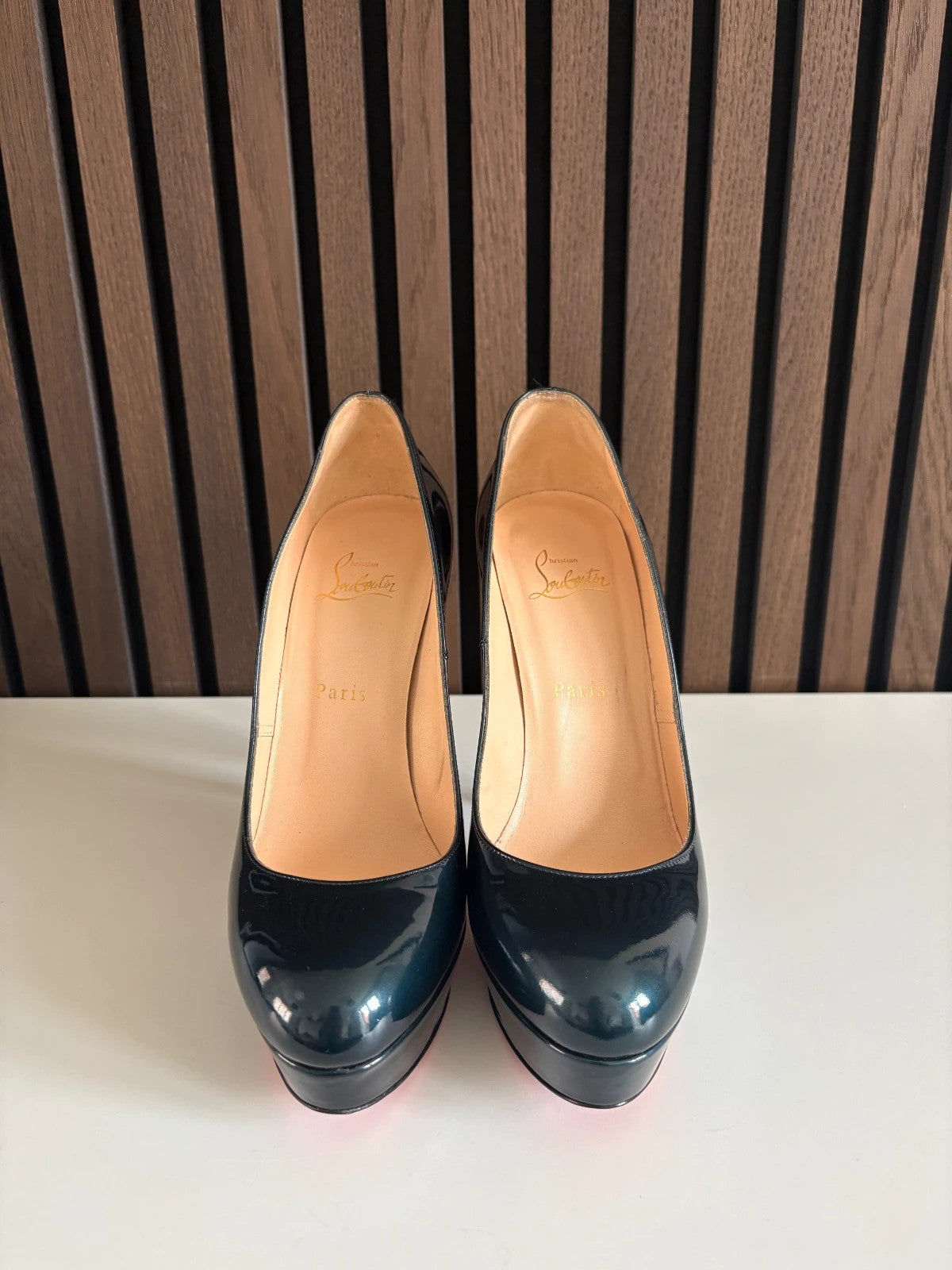 Christian Louboutin Bianca Navy (image 3) Christian Louboutin Bianca 140 Navy Blue Patent Leather Platform Heels - detail view