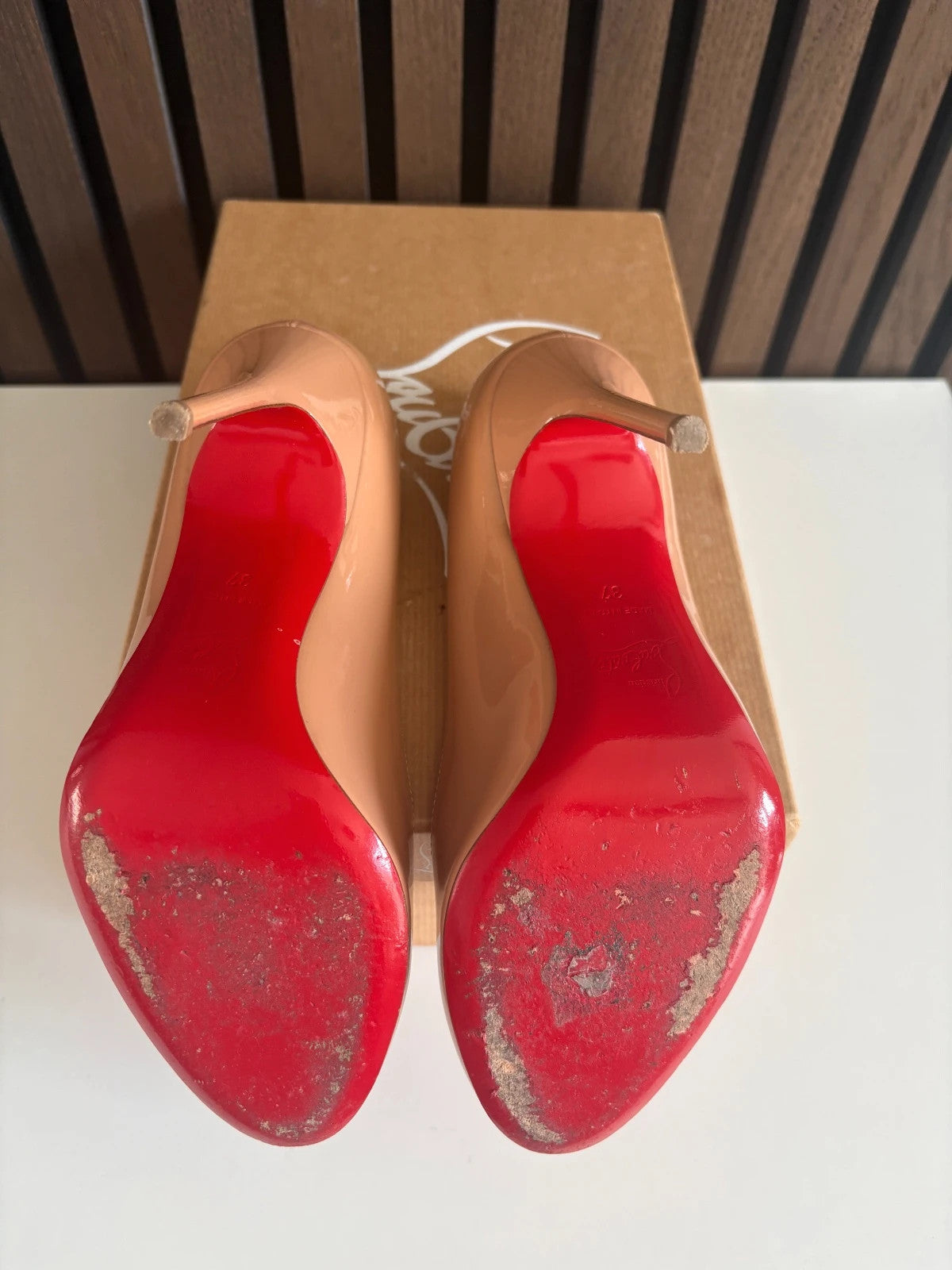 Christian Louboutin Fifi Nude (image 4) Christian Louboutin Fifi 100 Patent Leather Heels - red sole detail