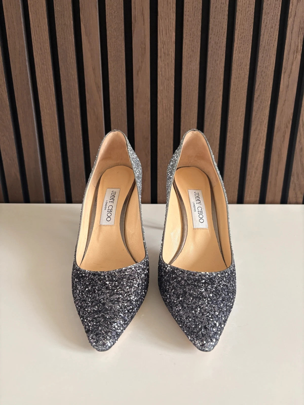 Jimmy Choo Romy Glitter (image 4) Jimmy Choo Romy 85 Glitter Heels - red sole detail