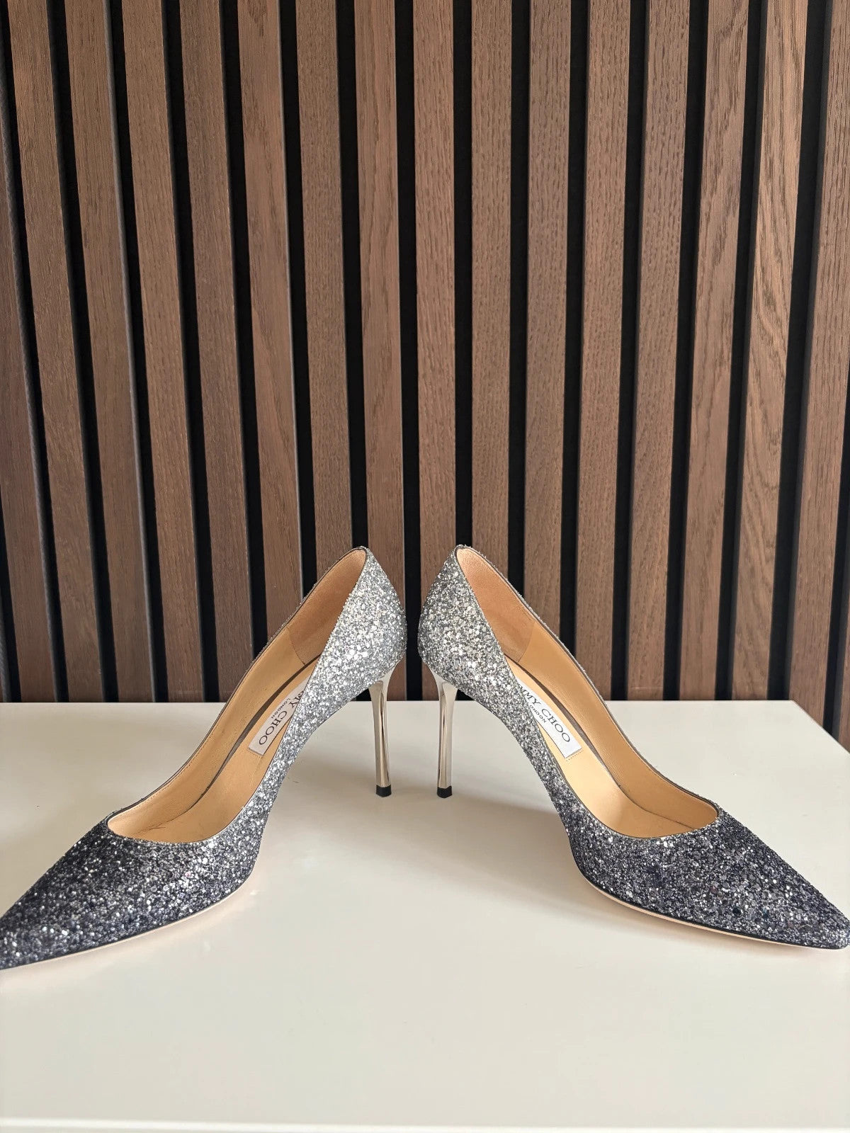 Jimmy Choo Romy Glitter (image 5) Jimmy Choo Romy 85 Glitter Heels - heel and construction