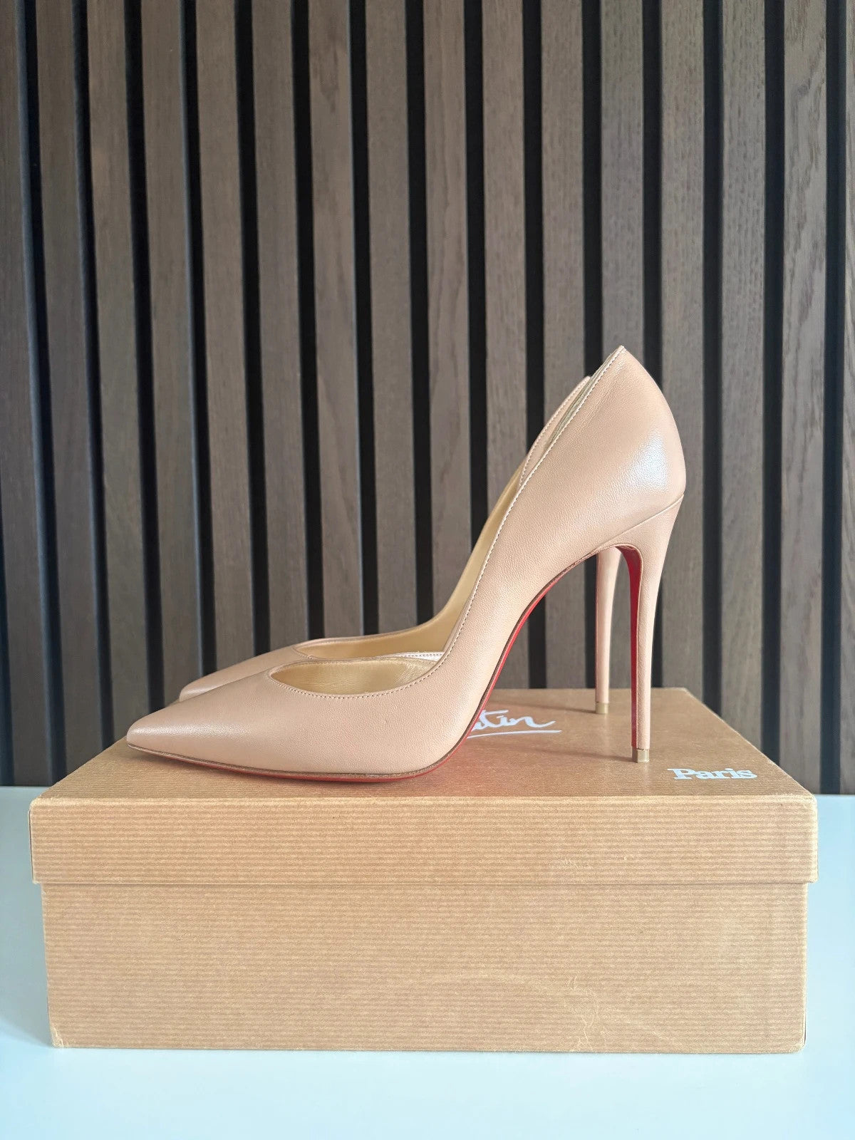 Christian Louboutin Iriza Nude (image 3) Christian Louboutin Iriza 100 Nude Leather Heels - detail view