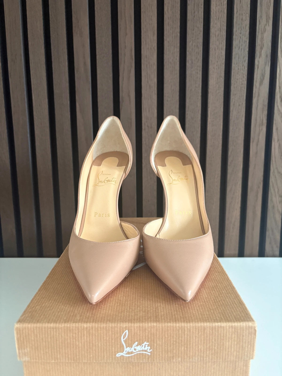 Christian Louboutin Iriza Nude (image 2) Christian Louboutin Iriza 100 Nude Leather Heels - alternate angle