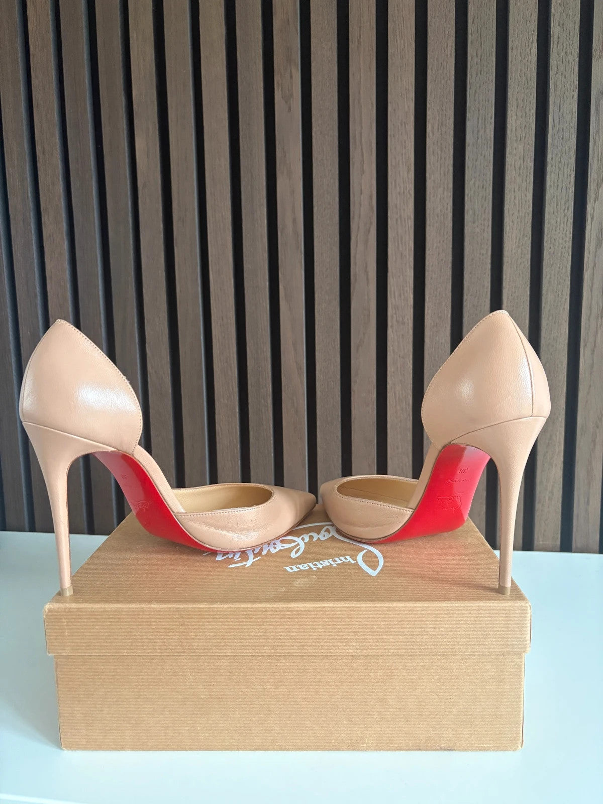 Christian Louboutin Iriza Nude (image 5) Christian Louboutin Iriza 100 Nude Leather Heels - heel and construction