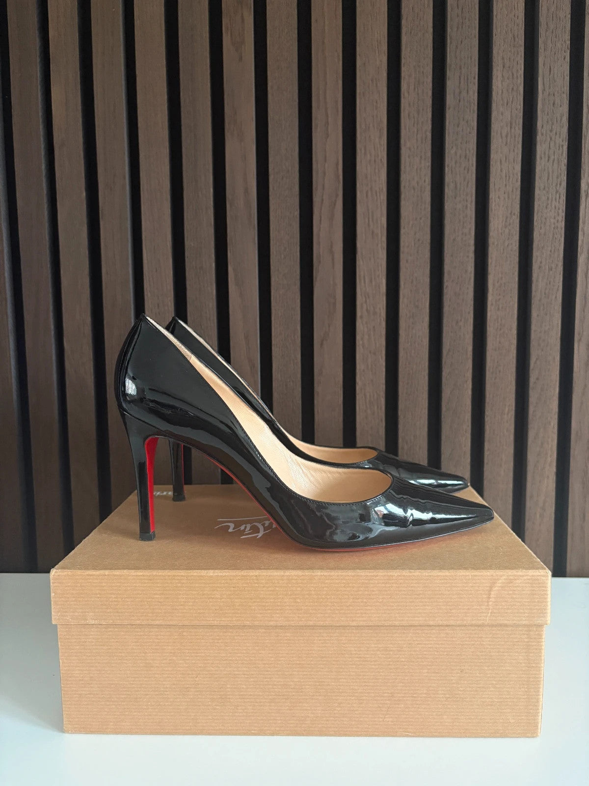 Christian Louboutin Decolitissimo Black (image 3) Christian Louboutin Decolitissimo 85 Patent Leather Heels - detail view