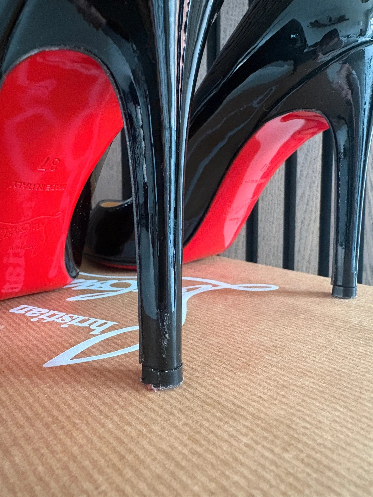 Christian Louboutin Pigalle Black (image 3) Christian Louboutin Pigalle 100 Black Patent Leather Heels - detail view