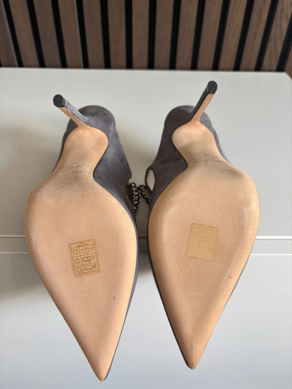 Jimmy Choo Bing Grey (image 5) Jimmy Choo Bing 65 Mules Grey Suede Heels - heel and construction