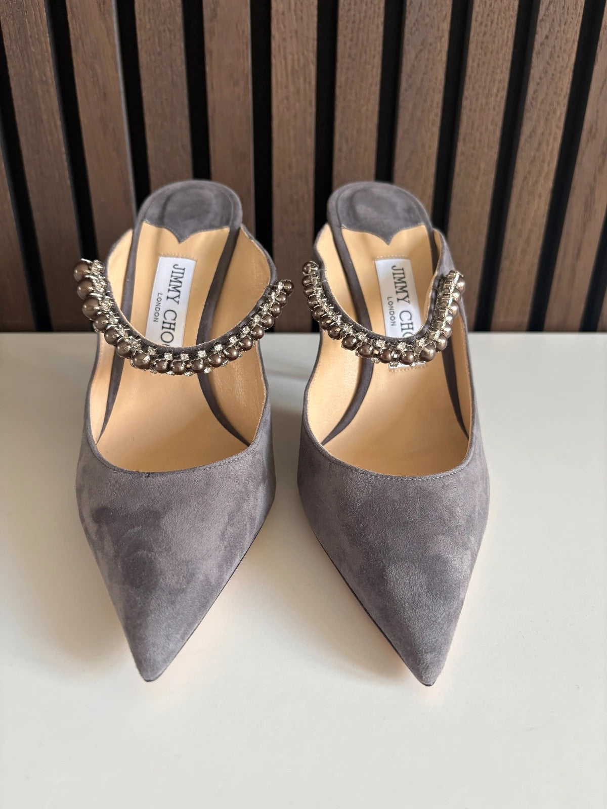 Jimmy Choo Bing Grey (image 2) Jimmy Choo Bing 65 Mules Grey Suede Heels - alternate angle