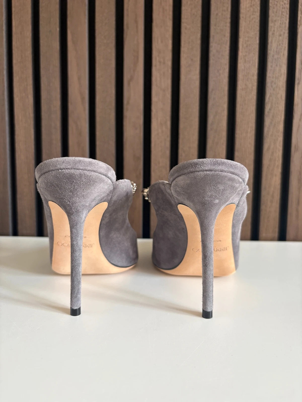 Jimmy Choo Bing Grey (image 4) Jimmy Choo Bing 65 Mules Grey Suede Heels - red sole detail