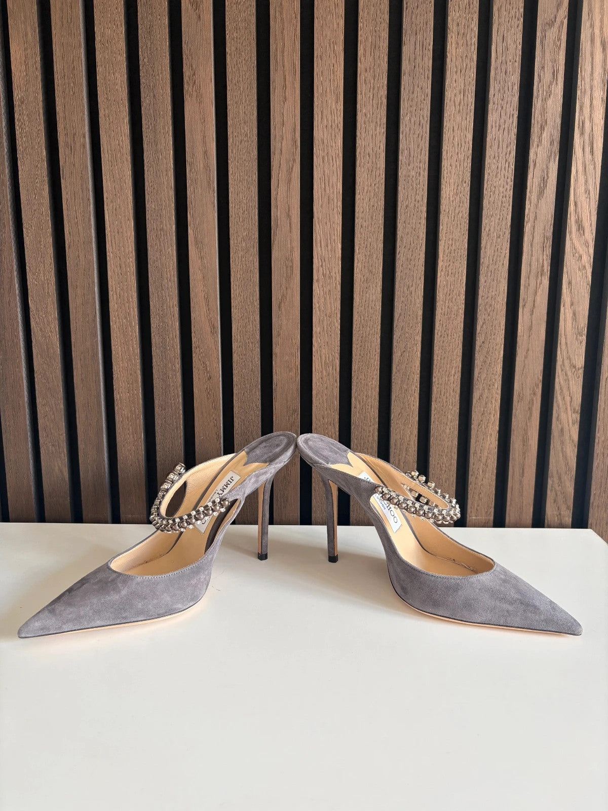 Jimmy Choo Bing Grey (image 3) Jimmy Choo Bing 65 Mules Grey Suede Heels - detail view