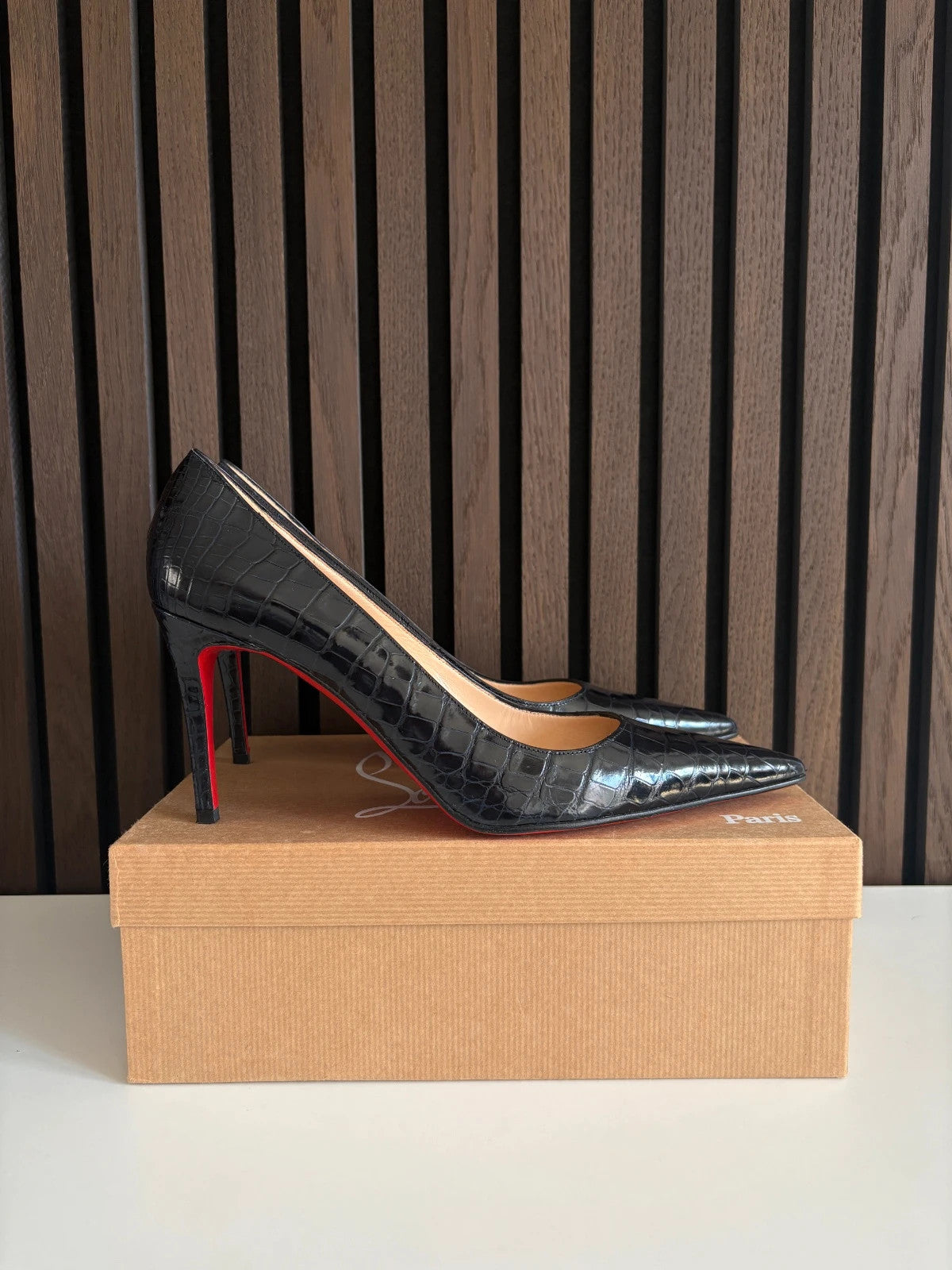 Christian Louboutin Mater Claude Black (image 4) Christian Louboutin Mater Claude 85 Black Kid Leather Heels - red sole detail