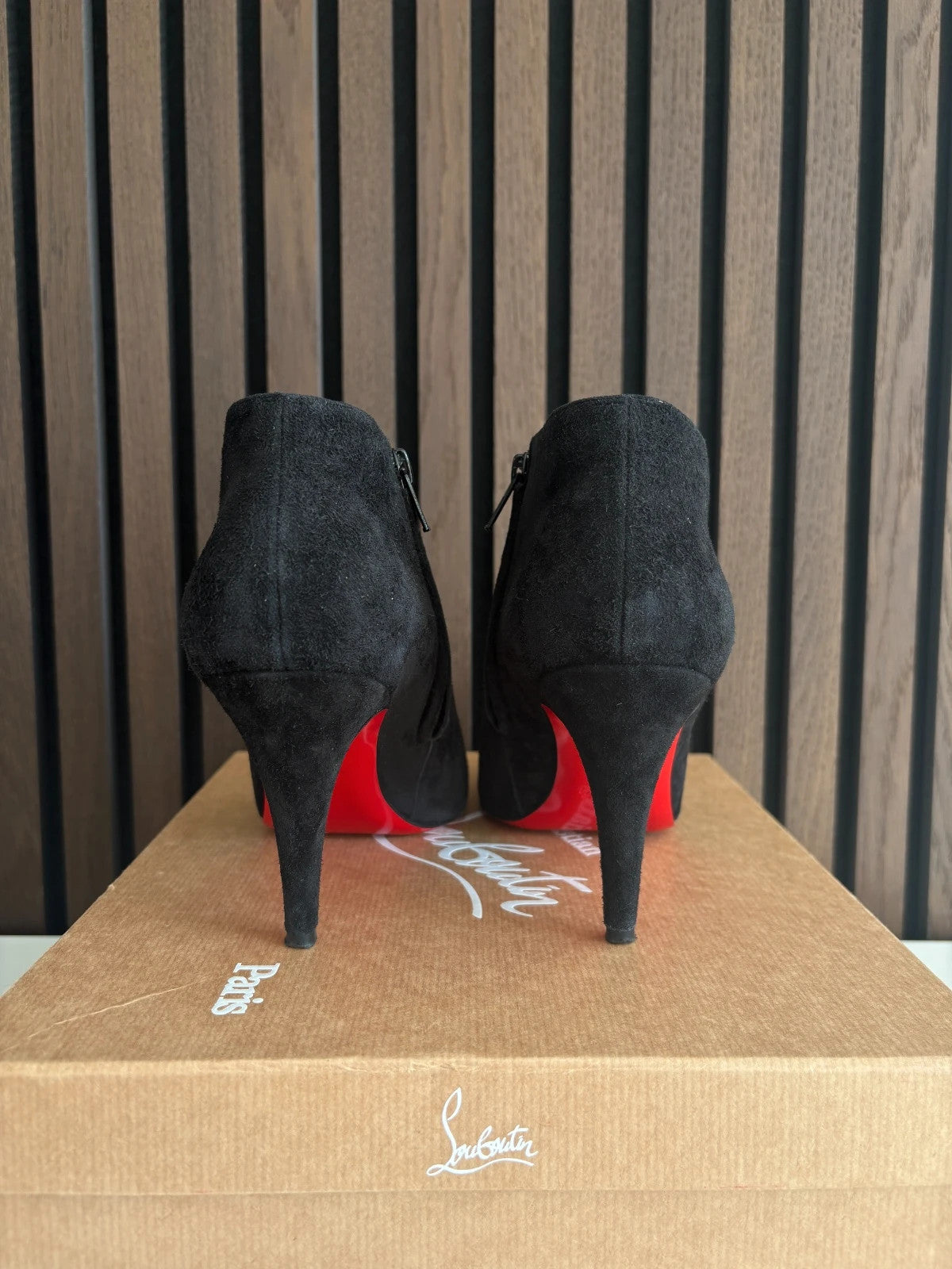 Christian Louboutin Belle Black (image 4) Christian Louboutin Belle 100 Suede Ankle Boots - red sole detail