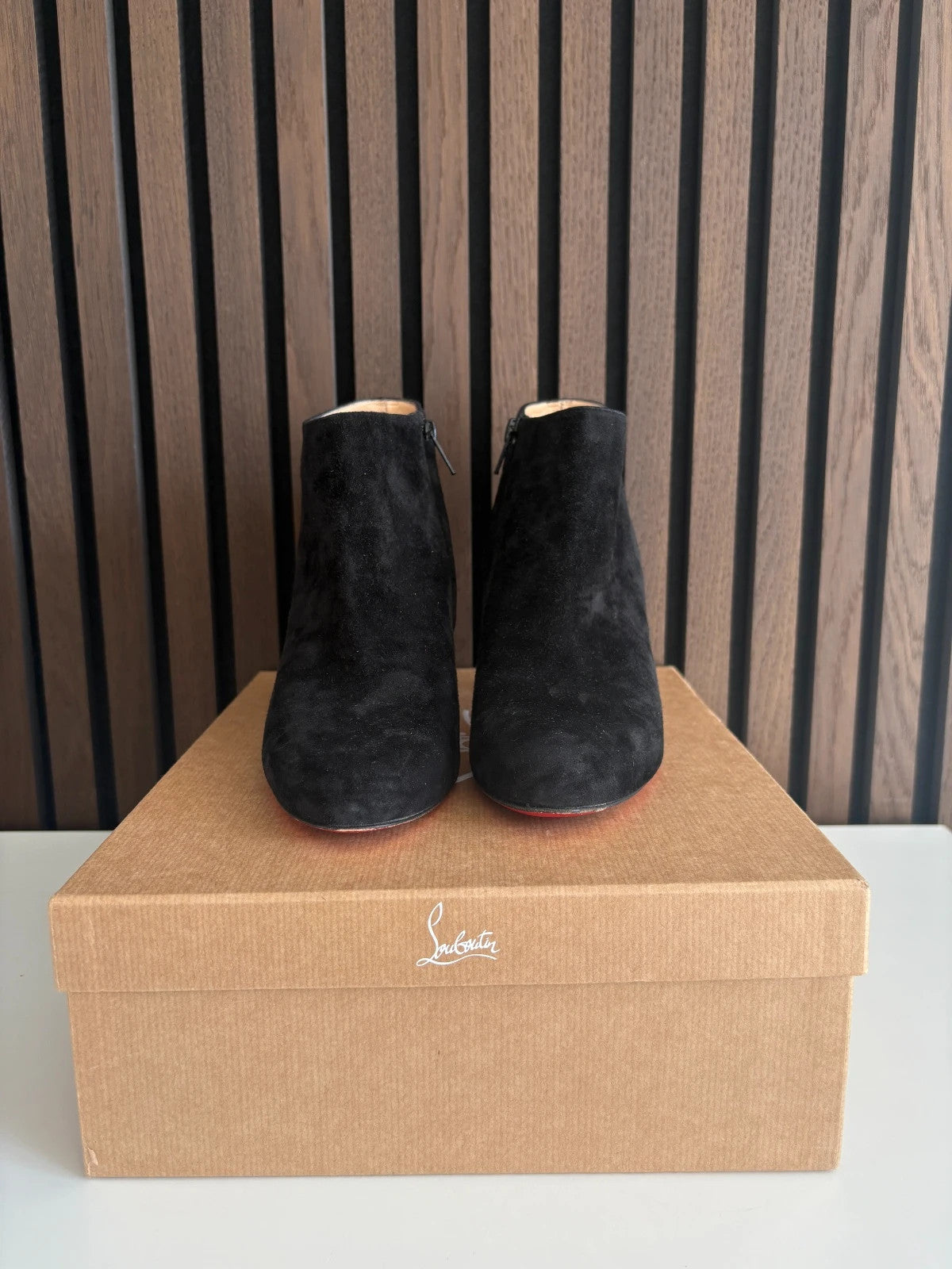 Christian Louboutin Belle Black (image 5) Christian Louboutin Belle 100 Suede Ankle Boots - heel and construction