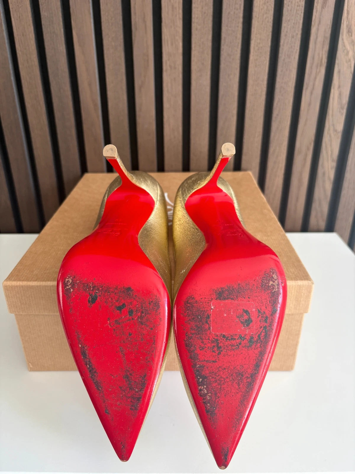 Christian Louboutin Decoltish Gold (image 3) Christian Louboutin Decoltish 100 Leather Textured Heels - detail view