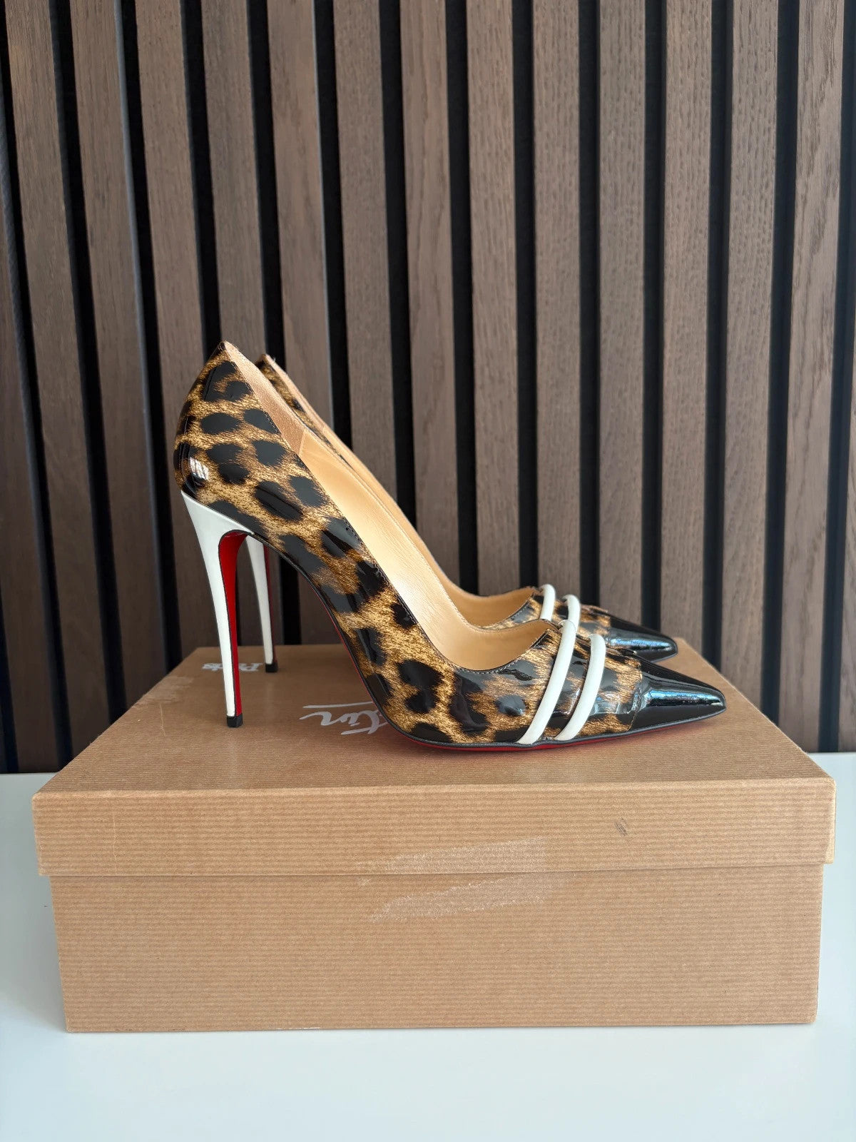 Christian Louboutin Front Double Leopard Print (image 4) Christian Louboutin Front Double 100 Leopard Patent Heels - red sole detail