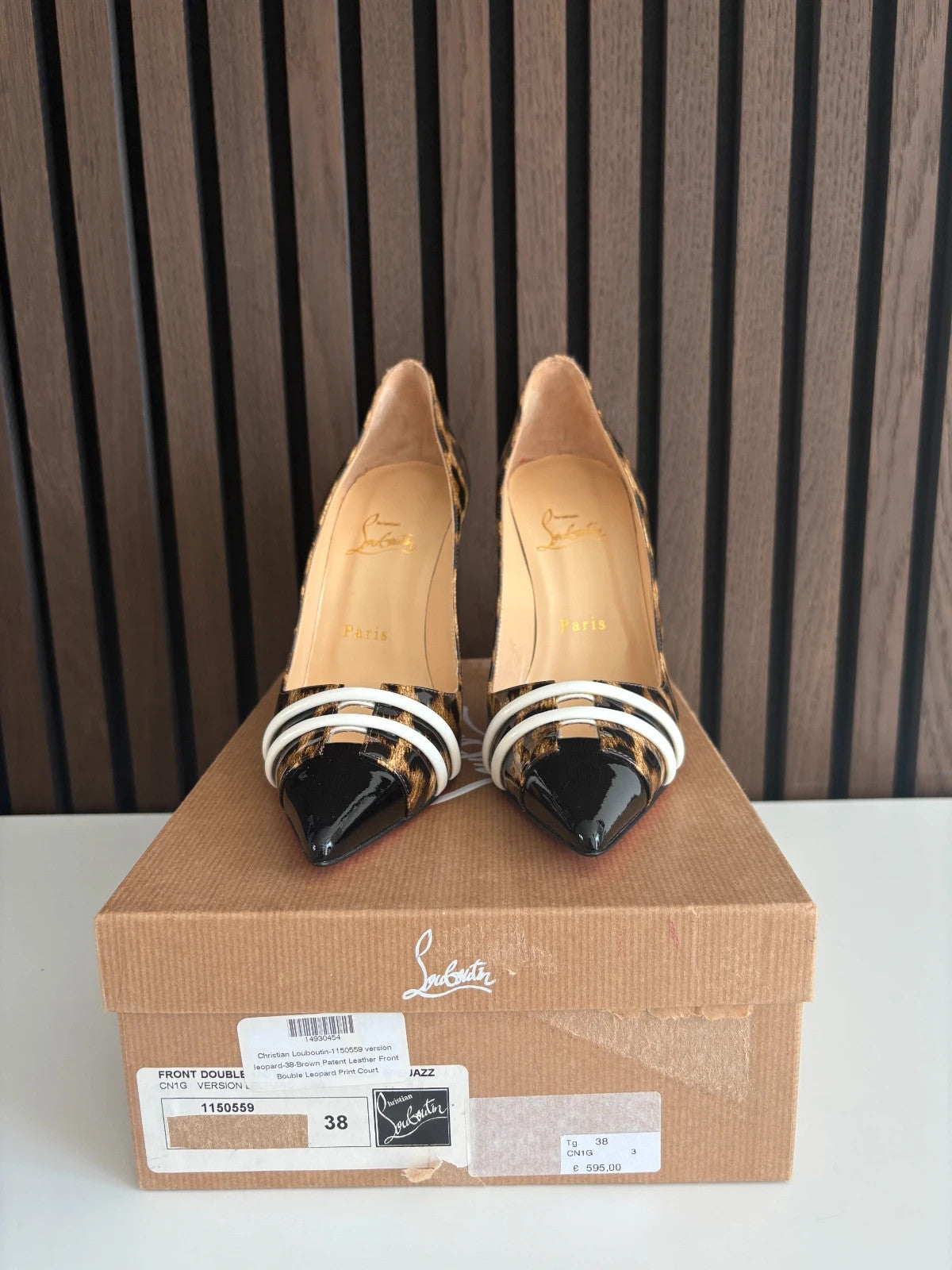 Christian Louboutin Front Double Leopard Print (image 3) Christian Louboutin Front Double 100 Leopard Patent Heels - detail view