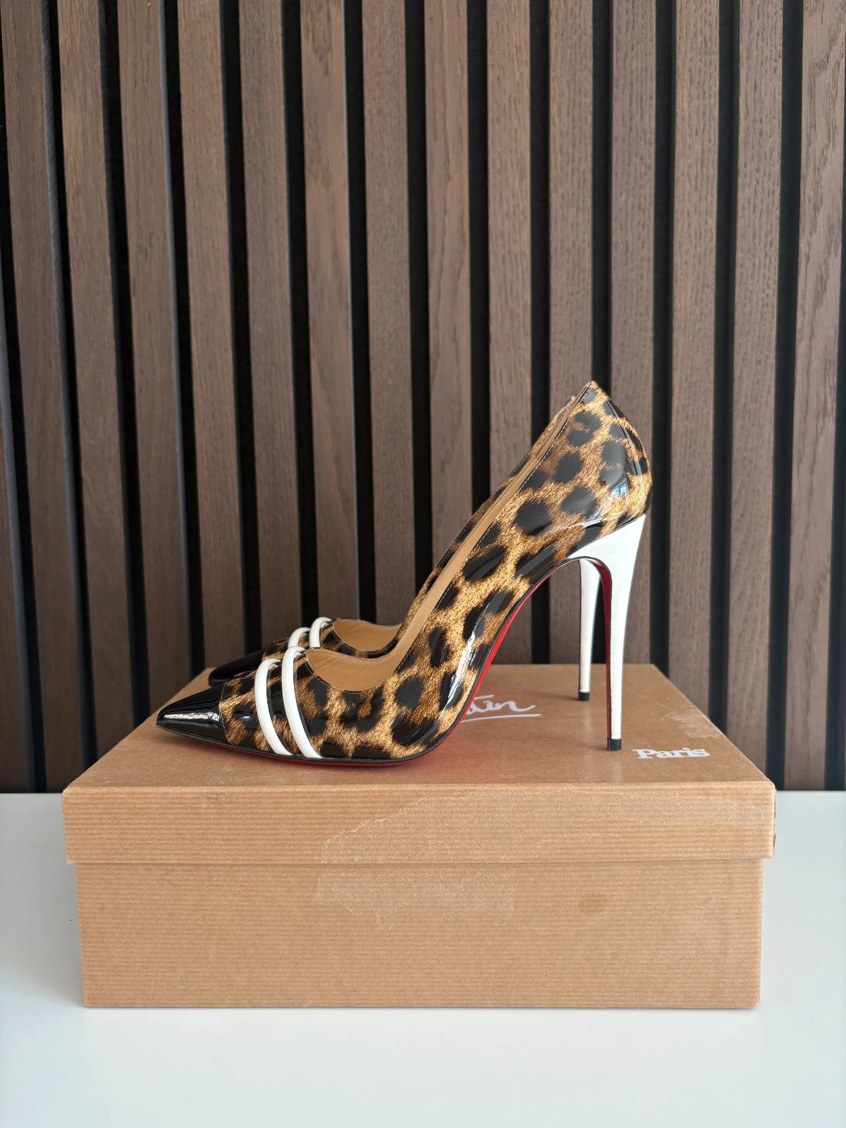 Christian Louboutin Front Double Leopard Print Christian Louboutin Front Double 100 Leopard Patent Heels - main product view