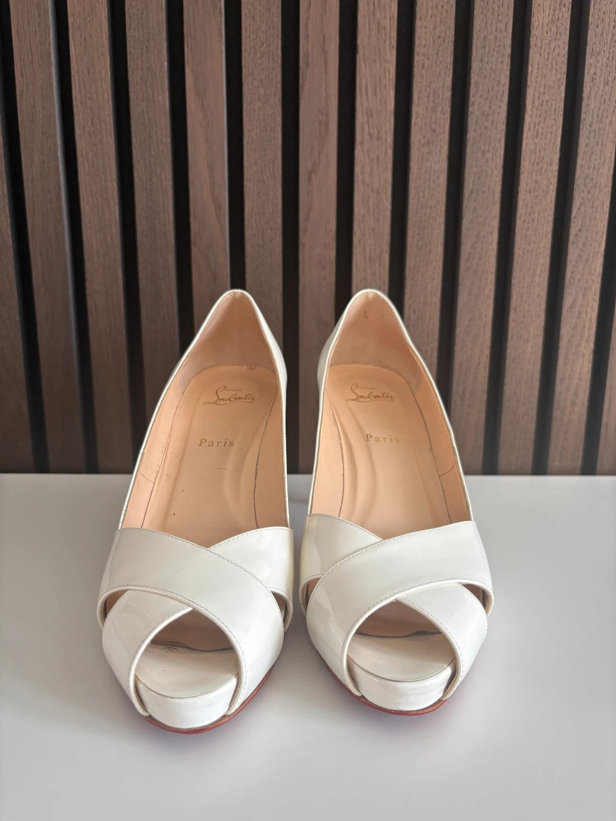 Christian Louboutin Shelly White (image 3) Christian Louboutin Shelly 90 White Open Toe Cross Heels - detail view