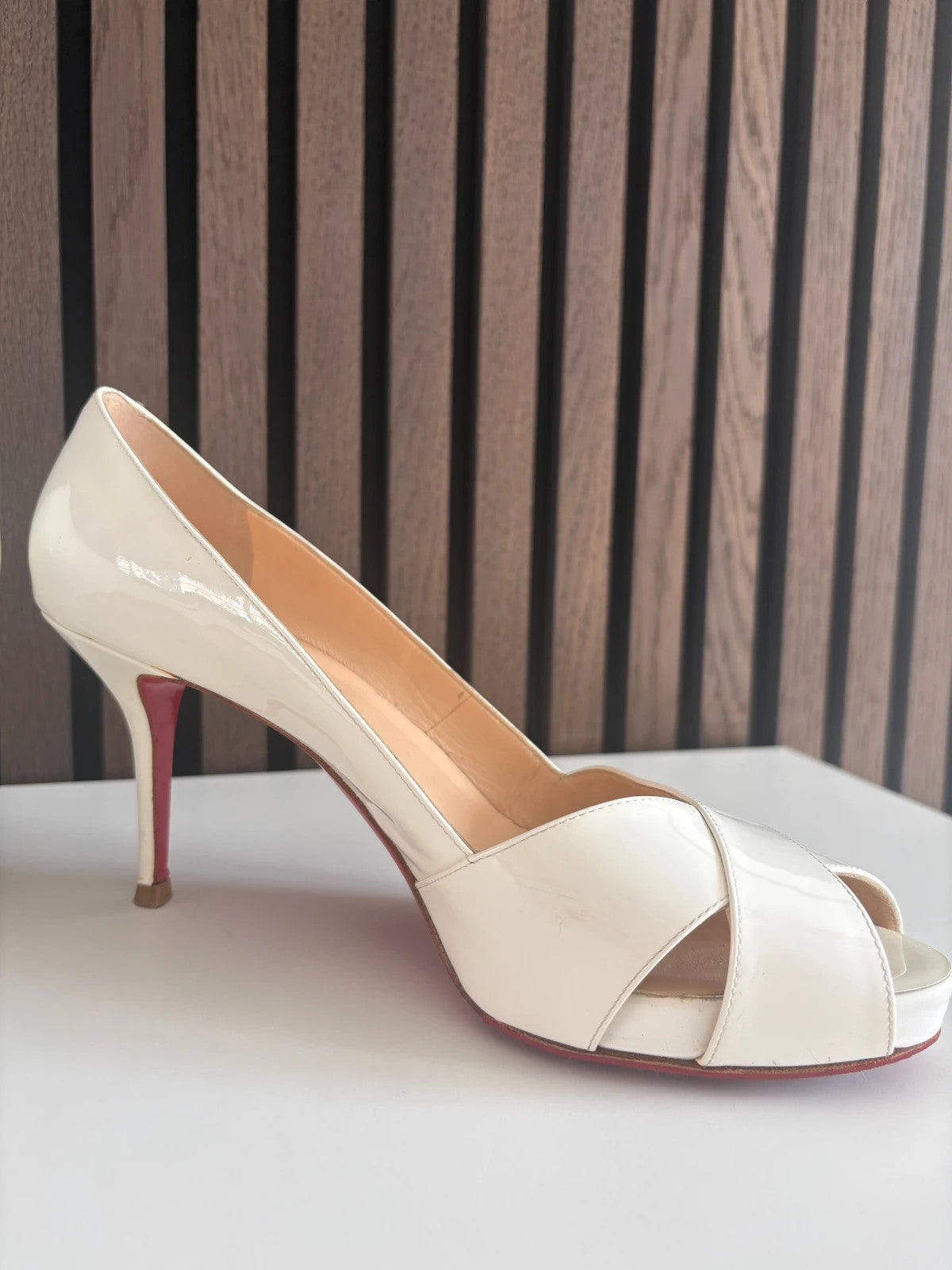 Christian Louboutin Shelly White (image 5) Christian Louboutin Shelly 90 White Open Toe Cross Heels - heel and construction