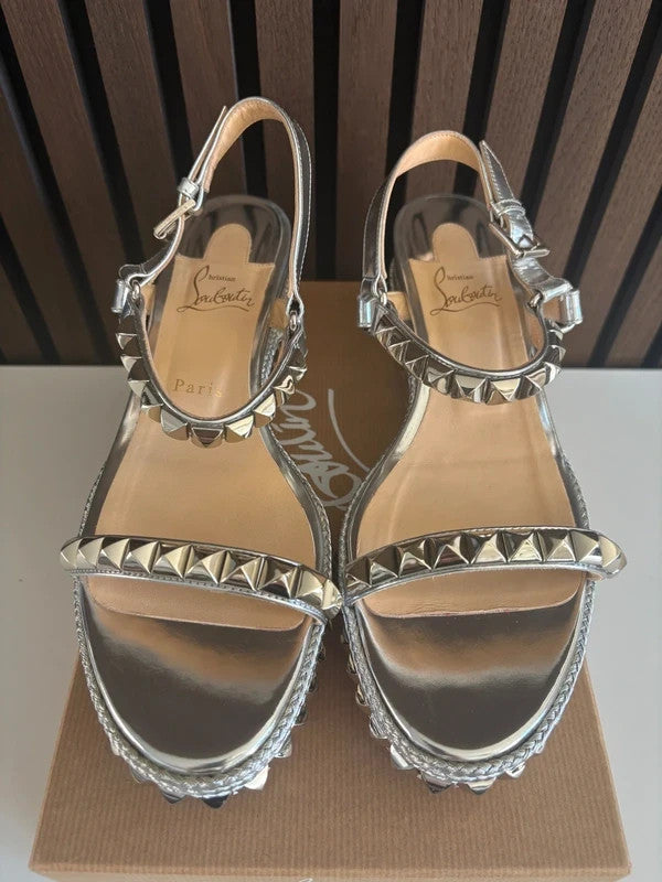 Christian Louboutin Cataclou Silver (image 4) Christian Louboutin Cataclou 60 Specchio Espadrille Wedges Heels - red sole detail