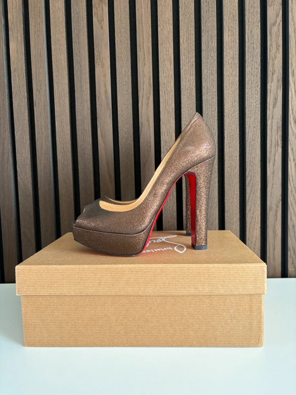 Christian Louboutin Bambou Peep Toe Bronze Glitter Heels - Detail
