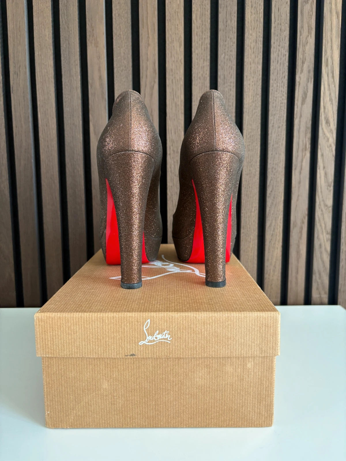 Christian Louboutin Bambou Peep Toe Bronze (image 3) Christian Louboutin Bambou Peep Toe Bronze Glitter Heels - detail view