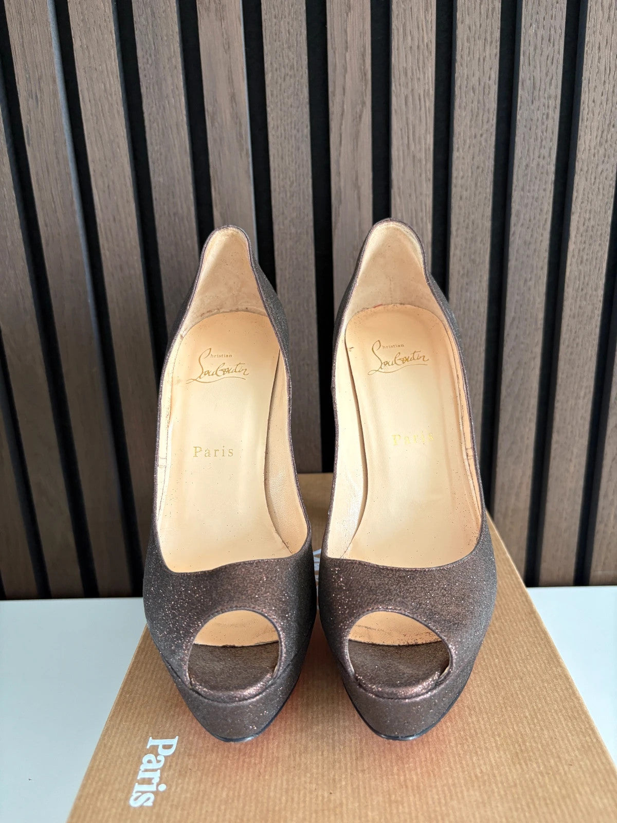 Christian Louboutin Bambou Peep Toe Bronze (image 4) Christian Louboutin Bambou Peep Toe Bronze Glitter Heels - red sole detail
