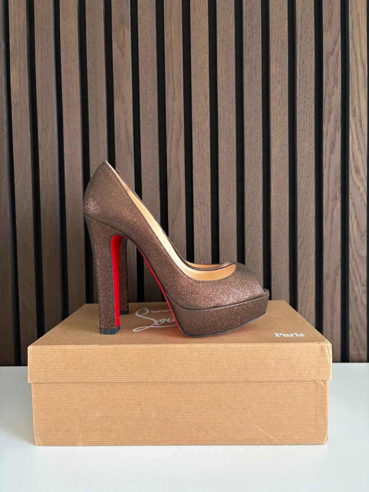 Christian Louboutin Bambou Peep Toe Bronze Christian Louboutin Bambou Peep Toe Bronze Glitter Heels - main product view