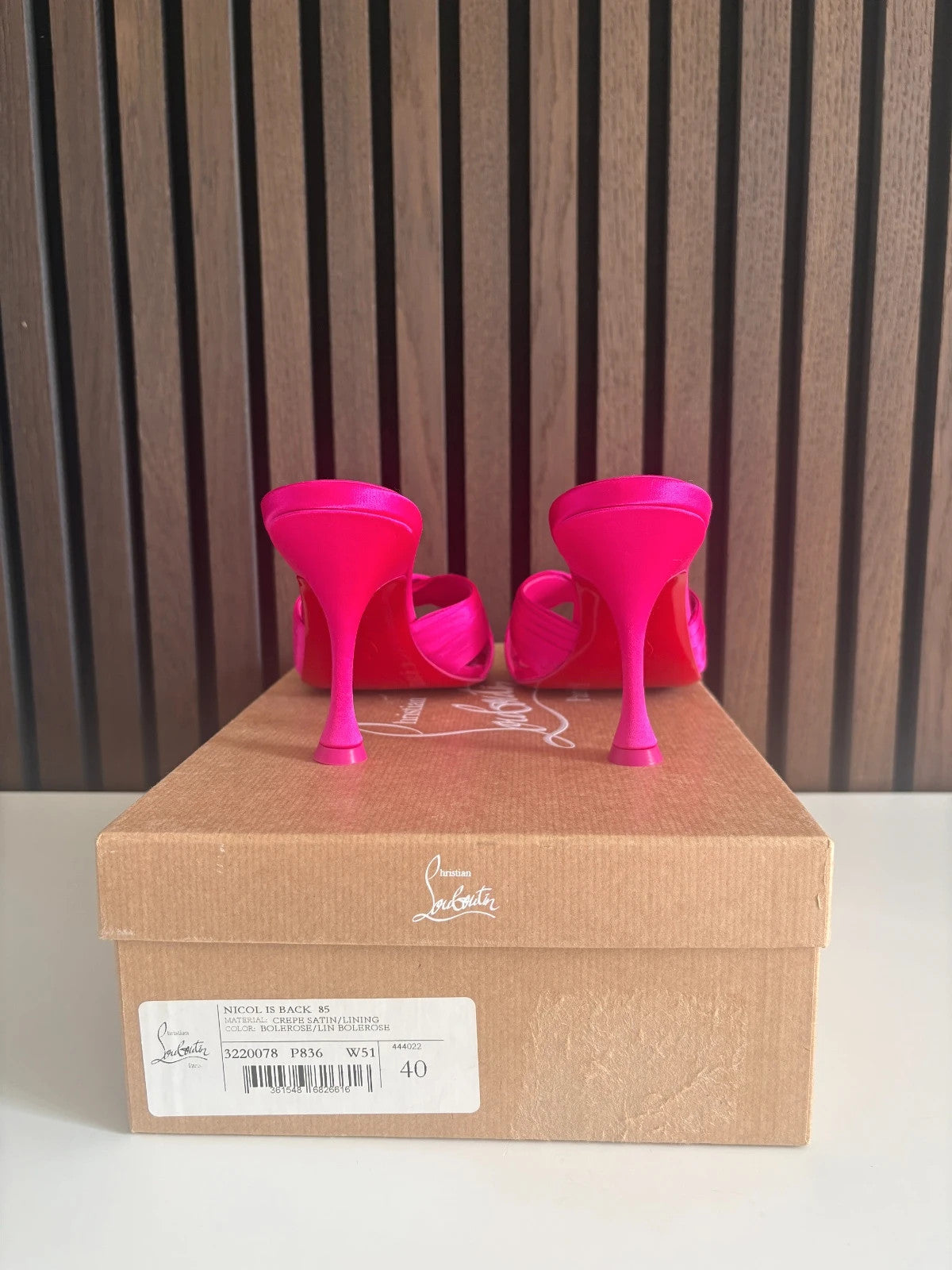 Christian Louboutin Nicol Is Back Pink (image 4) Christian Louboutin Nicol Is Back 85 Pink Satin Heels - red sole detail