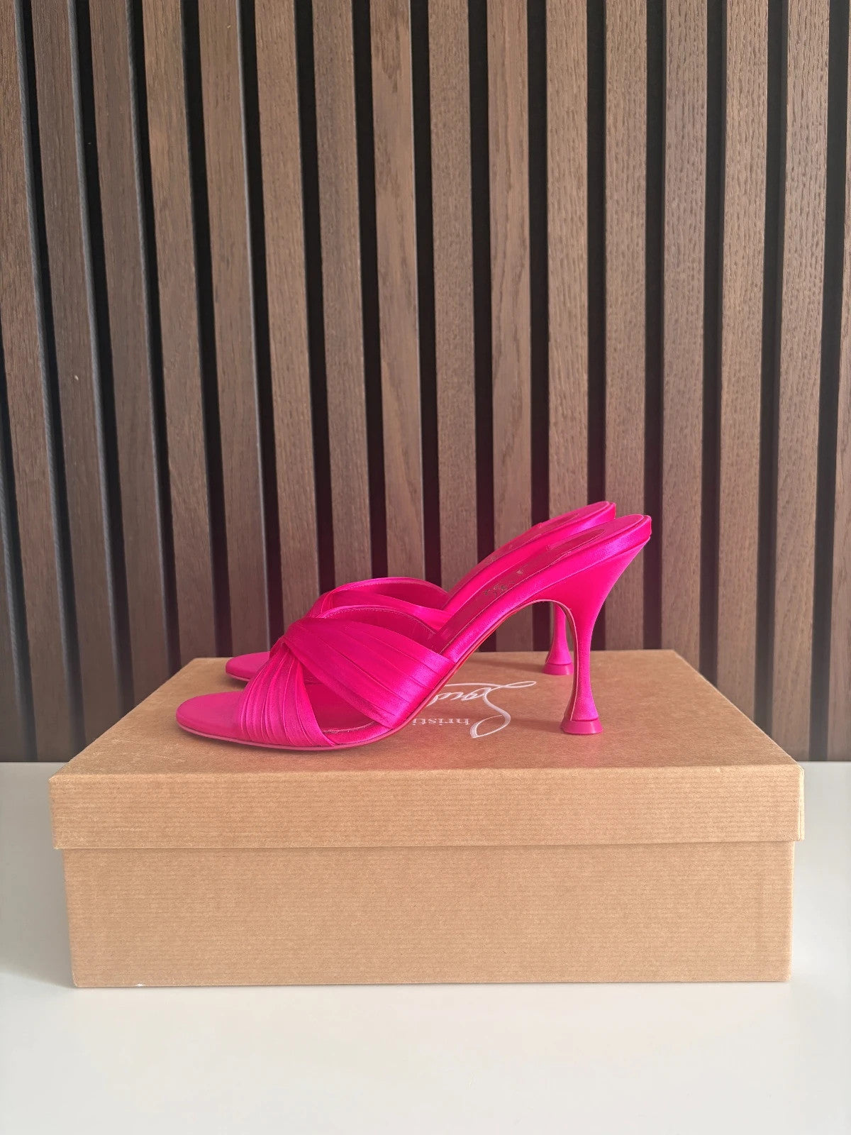 Christian Louboutin Nicol Is Back Pink Christian Louboutin Nicol Is Back 85 Pink Satin Heels - main product view