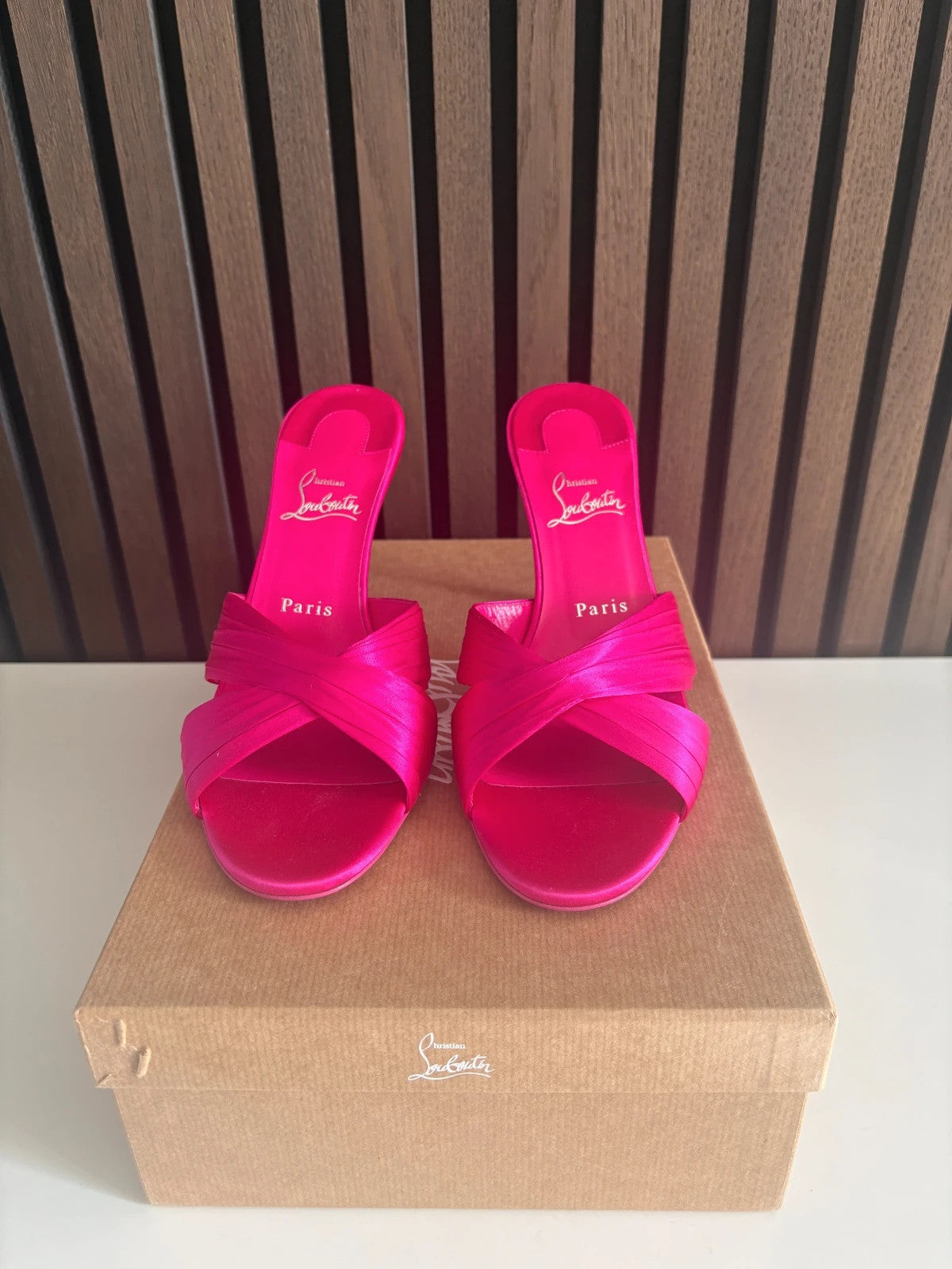 Christian Louboutin Nicol Is Back Pink (image 3) Christian Louboutin Nicol Is Back 85 Pink Satin Heels - detail view
