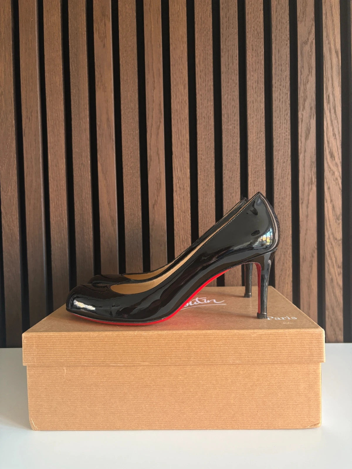 Christian Louboutin Simple Pump Black Christian Louboutin Simple Pump 85 Black Patent Leather Heels - main product view