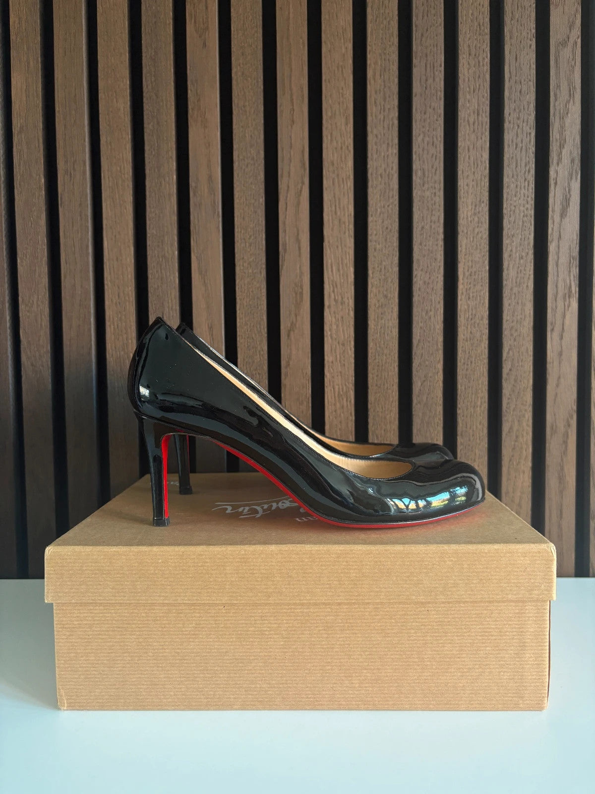 Christian Louboutin Simple Pump Black (image 3) Christian Louboutin Simple Pump 85 Black Patent Leather Heels - detail view