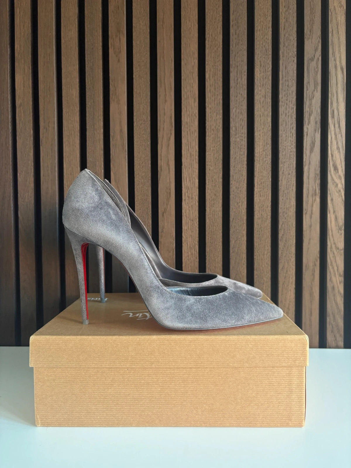 Christian Louboutin Iriza Grey (image 4) Christian Louboutin Iriza 100 Grey Suede D'orsay Heels - red sole detail