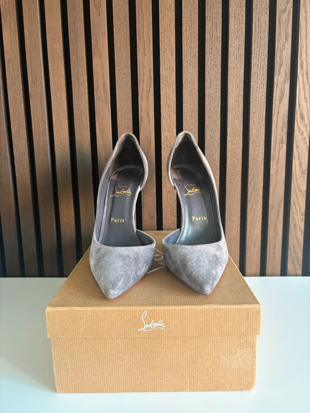 Christian Louboutin Iriza Grey (image 3) Christian Louboutin Iriza 100 Grey Suede D'orsay Heels - detail view