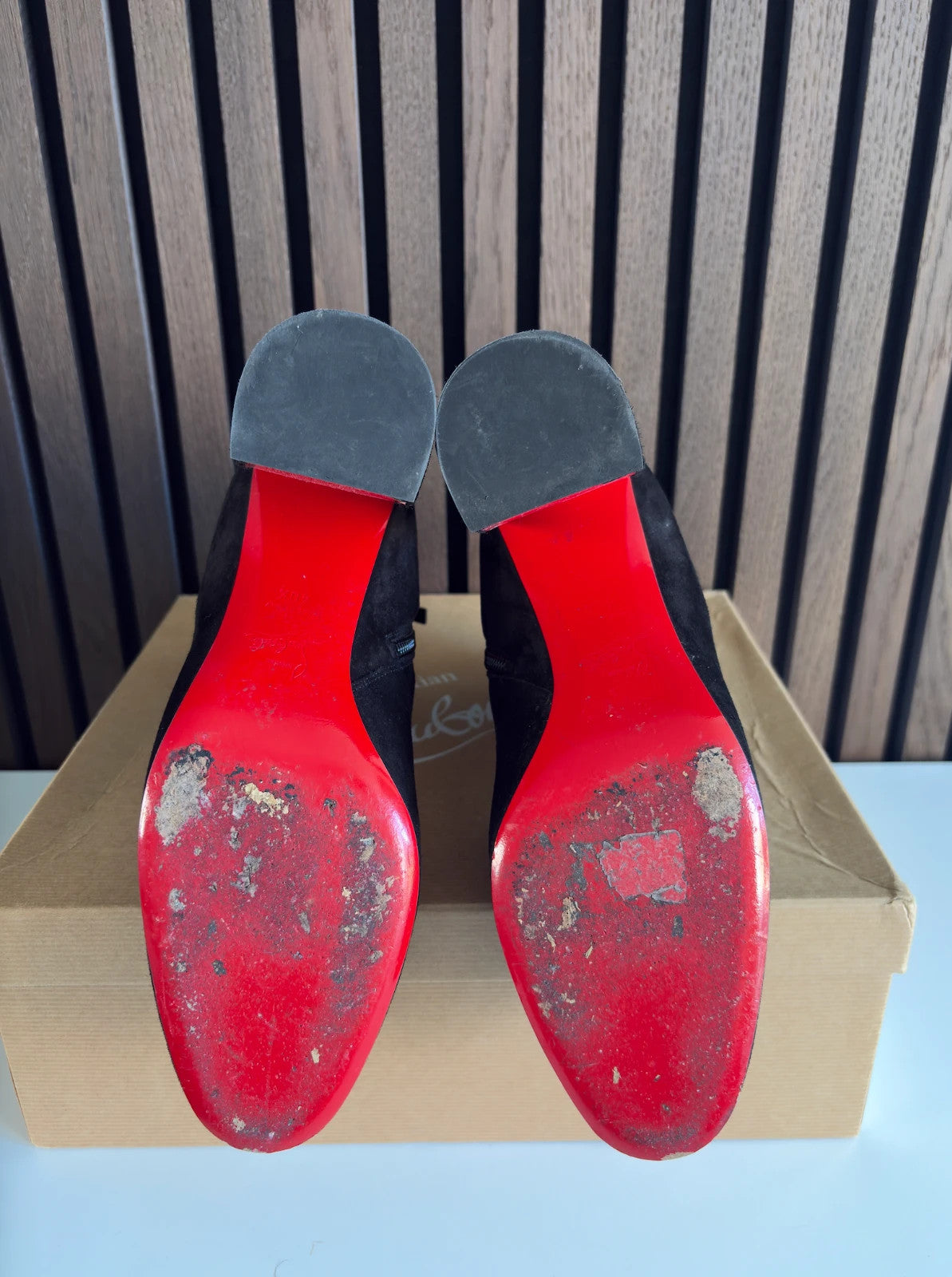 Christian Louboutin Turela Black (image 4) Christian Louboutin Turela 85 Black Veau Velour Ankle Boots - red sole detail