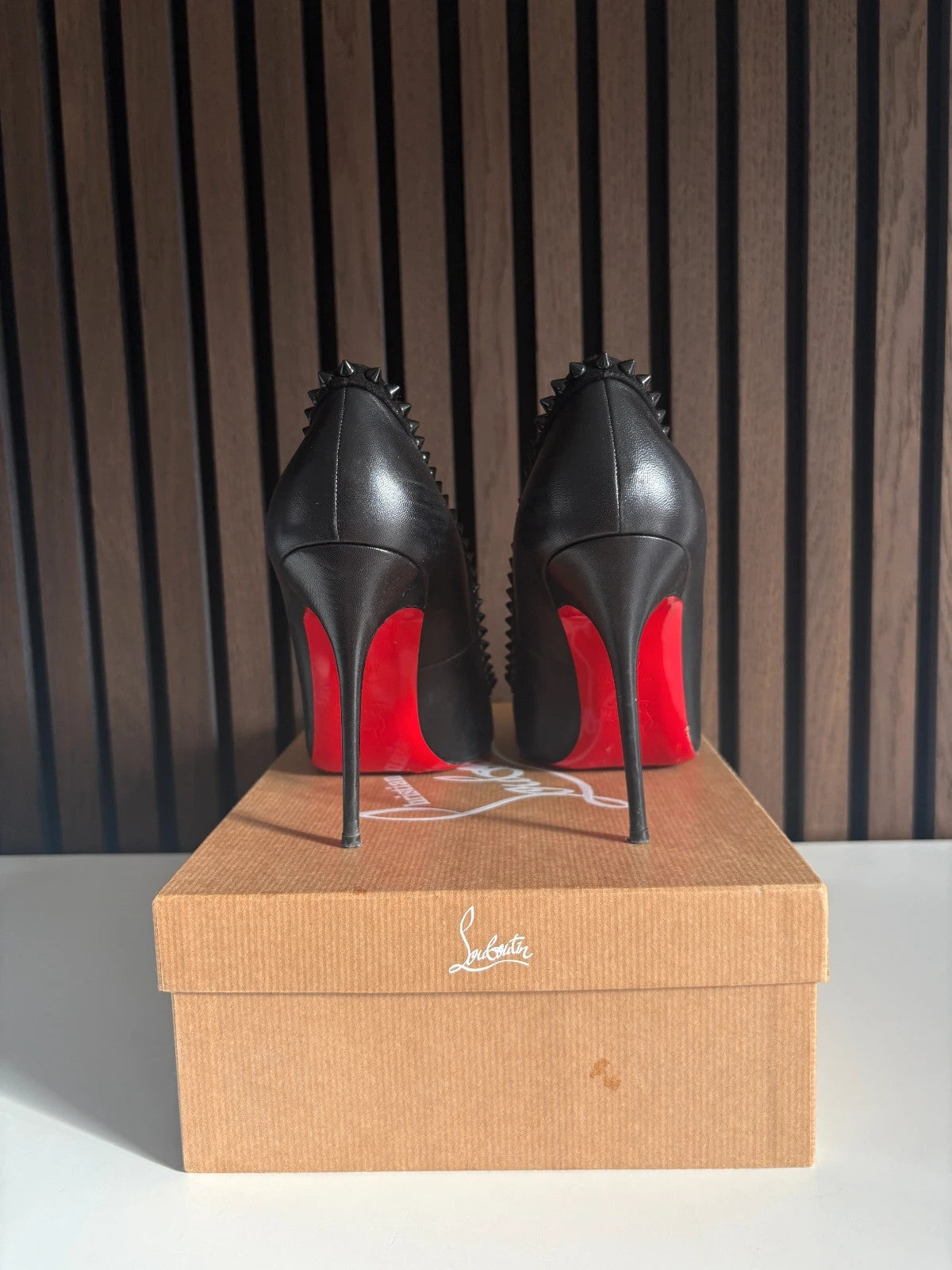 Christian Louboutin Malabar Hill Black (image 4) Christian Louboutin Malabar Hill 100 Black Leather Spiked Heels - red sole detail