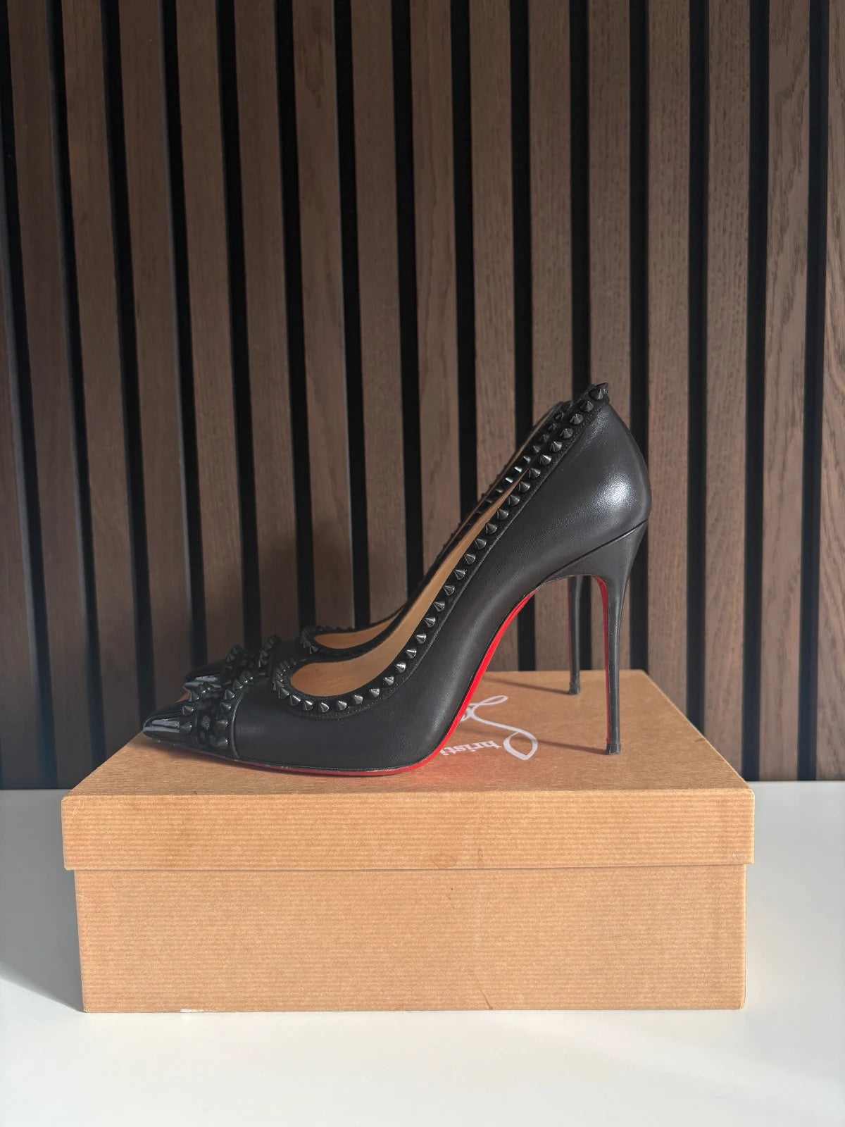 Christian Louboutin Malabar Hill Black (image 3) Christian Louboutin Malabar Hill 100 Black Leather Spiked Heels - detail view