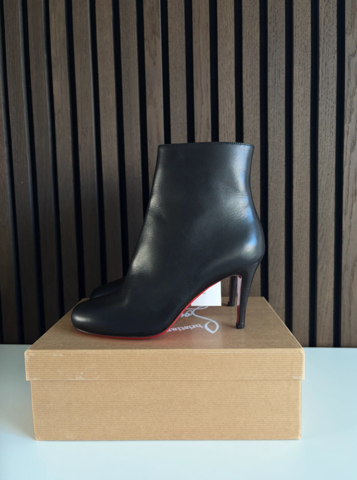 Christian Louboutin Pumppie Black (image 4) Christian Louboutin Pumppie 85 Leather Booty Ankle Boots - red sole detail