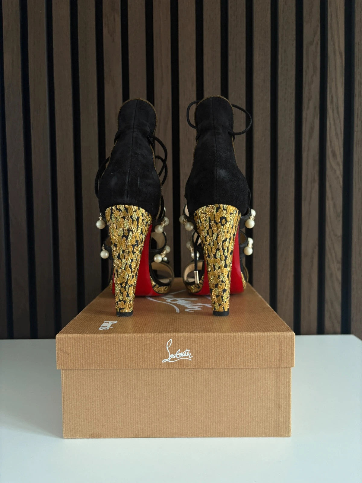 Christian Louboutin Tudor Ball Black (image 4) Christian Louboutin Tudor Ball 100 Pearl Heel Sandals - red sole detail